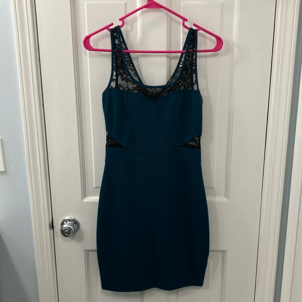 Vintage Y2K Soprano Teal black mini club Dress Lace Accents cutout size Medium M